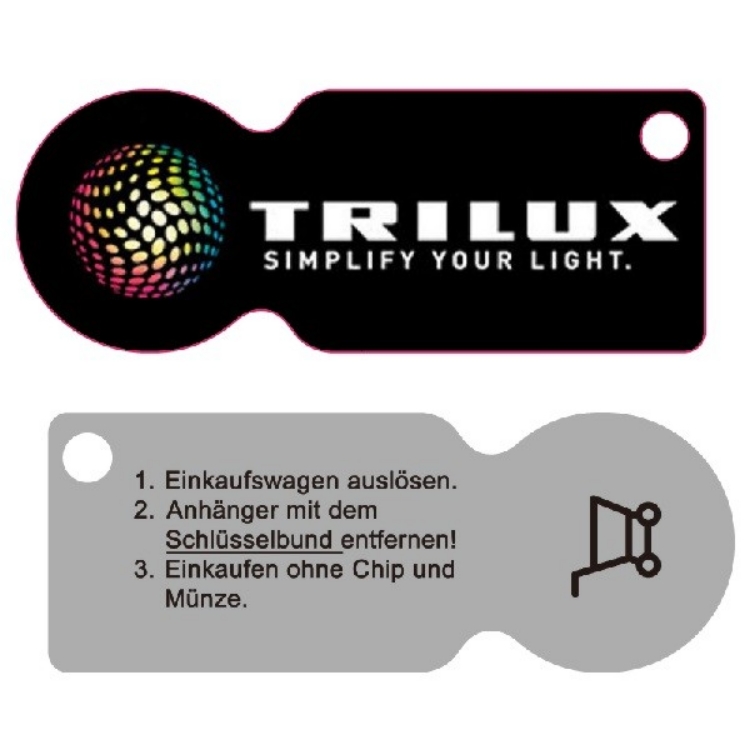Einkaufswagenchip mit Verlängerung für den Griff, zweiseitig, oben schwarz mit TRILUX Logo, unten Silber mit Anleitung