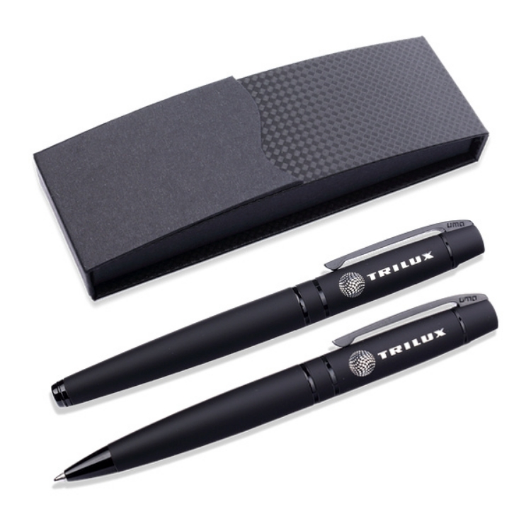 Etui, zwei  Stifte, schwarz mit weißem Logo
