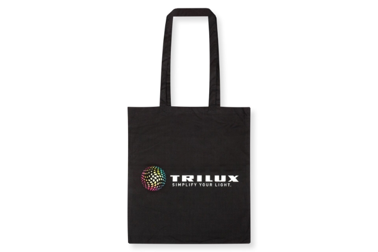 Baumwolltasche mit langen Henkeln, schwarz, mittig buntes TRILUX Logo