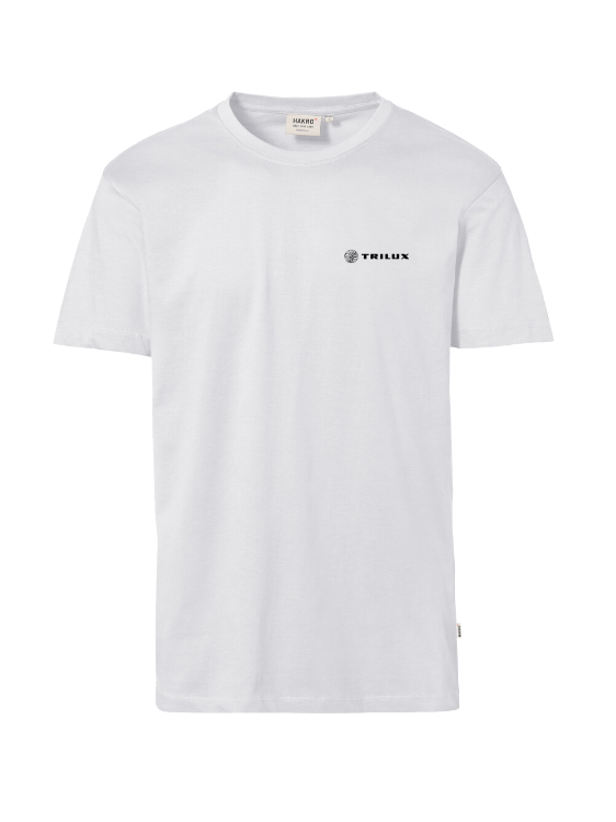 Weißes T-Shirt mit schwarzem TRILUX Logo auf linker Brust