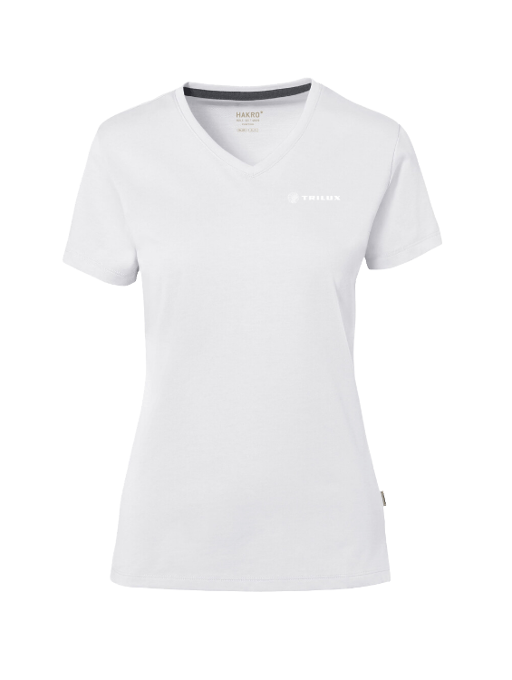 Weißes T-Shirt mit V-Ausschnitt, weißes TRILUX auf linker Brust