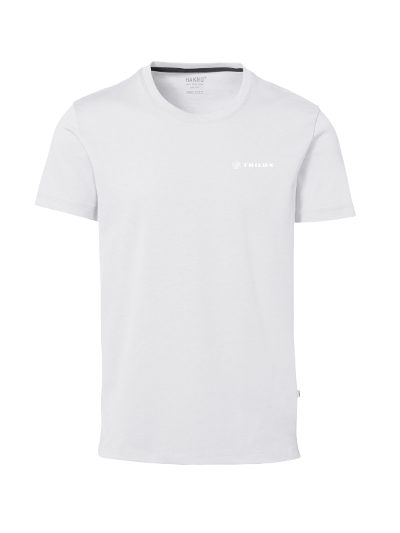 Weißes T-Shirt mit Rundhalsausschnitt mit weißem TRILUX Logo auf linker Brust